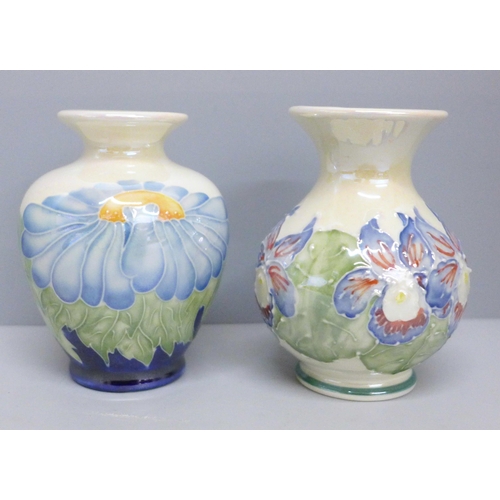 634 - Two Lise B. Moorcroft Chelsea works lustre vases, 7.5 to 8cm