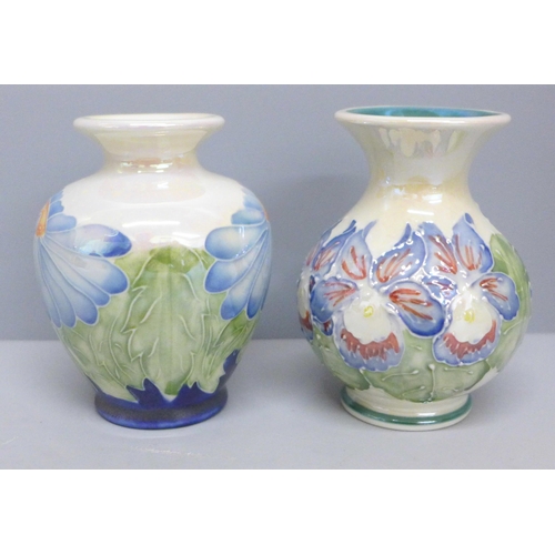 634 - Two Lise B. Moorcroft Chelsea works lustre vases, 7.5 to 8cm