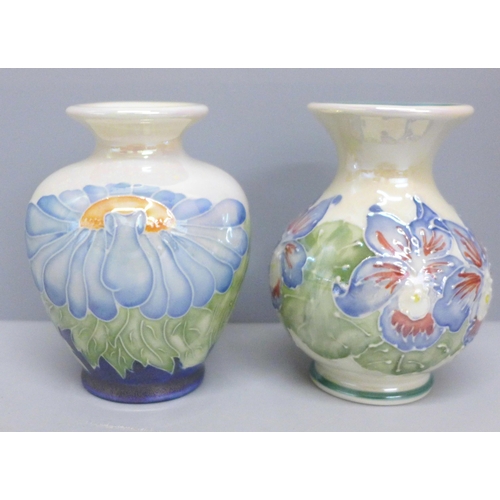 634 - Two Lise B. Moorcroft Chelsea works lustre vases, 7.5 to 8cm