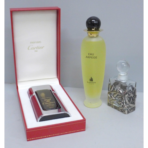 635 - A Must de Cartier Paris refillable scent bottle, (no contents), a Lanvin display bottle and a French... 