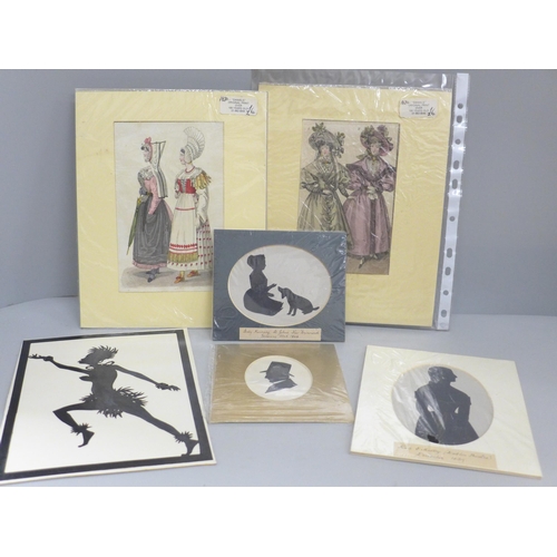 652 - Four vintage hand cut silhouette cards from the 1800s and two original framed prints from the 1830s