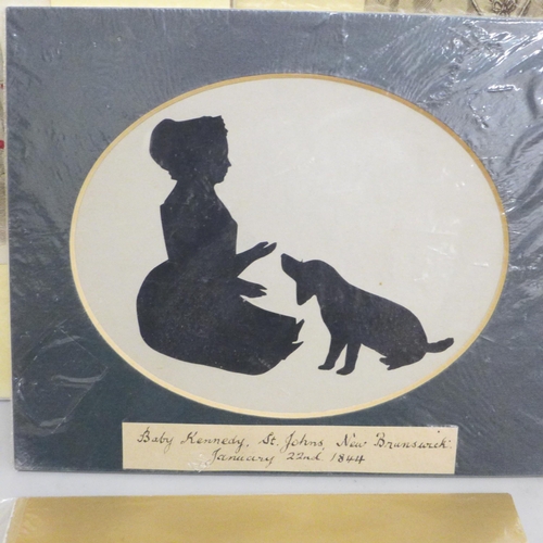 652 - Four vintage hand cut silhouette cards from the 1800s and two original framed prints from the 1830s