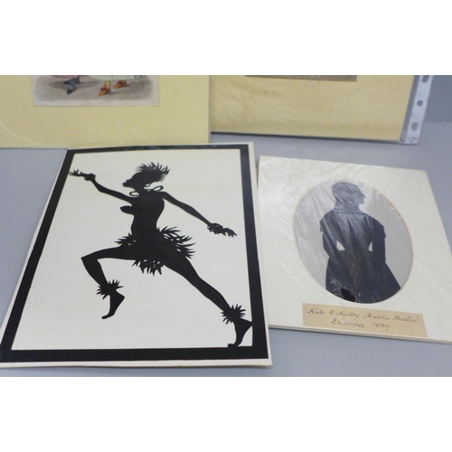 652 - Four vintage hand cut silhouette cards from the 1800s and two original framed prints from the 1830s