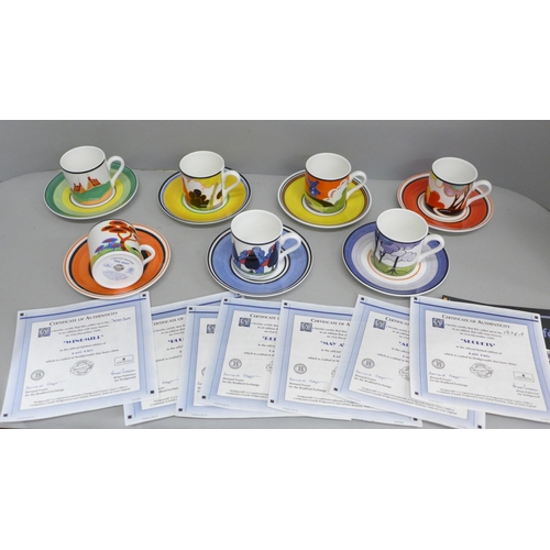 685 - Seven Wedgwood Clarice Cliff Cafe Chic cups and saucers with certificates, Limited Edition