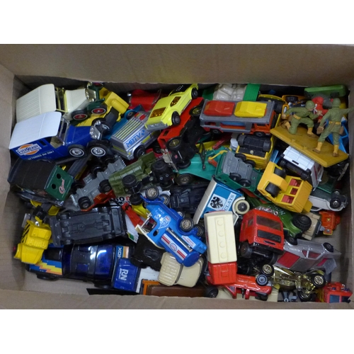 689 - Two boxes of model vehicles including Corgi, Matchbox, Tonka, etc., some play worn