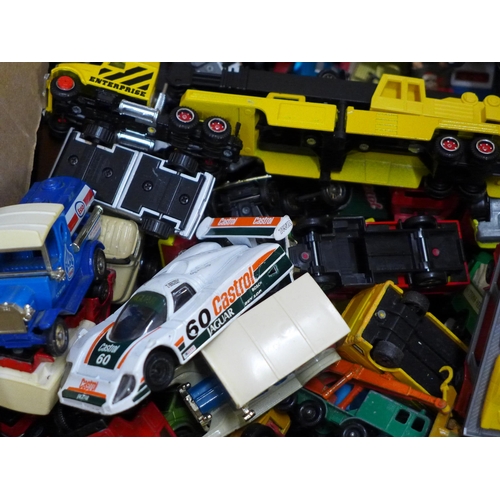 689 - Two boxes of model vehicles including Corgi, Matchbox, Tonka, etc., some play worn