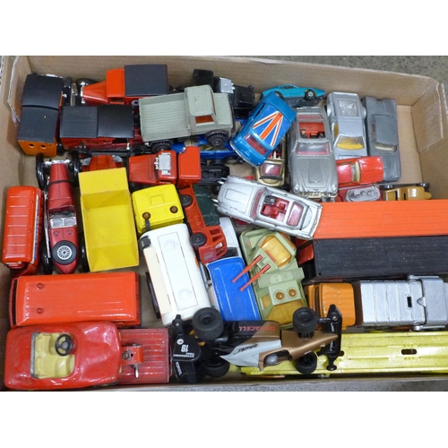 689 - Two boxes of model vehicles including Corgi, Matchbox, Tonka, etc., some play worn