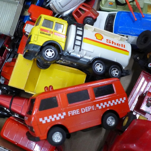 689 - Two boxes of model vehicles including Corgi, Matchbox, Tonka, etc., some play worn