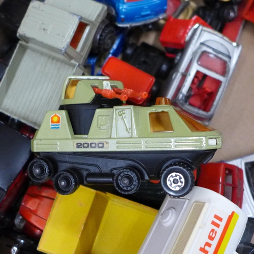 689 - Two boxes of model vehicles including Corgi, Matchbox, Tonka, etc., some play worn