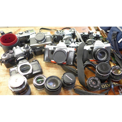 696 - Cameras and camera equipment, Olympus OM-1 x2, OM-2 body, OM 10 body, Ricoh 35 ZF, Praktica BC 1 bod... 