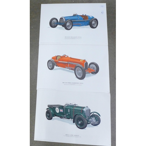 720 - Three vintage car lithographic prints; 1934 Grand Prix Supercharged Bugatti, 1934 Alfa Romeo P3 Mono... 