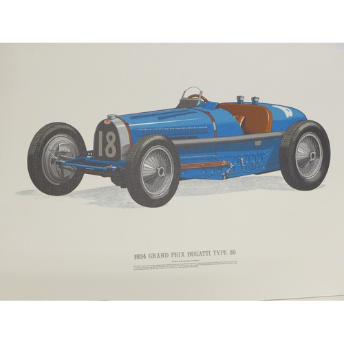 720 - Three vintage car lithographic prints; 1934 Grand Prix Supercharged Bugatti, 1934 Alfa Romeo P3 Mono... 