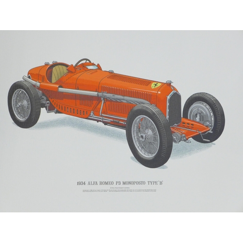 720 - Three vintage car lithographic prints; 1934 Grand Prix Supercharged Bugatti, 1934 Alfa Romeo P3 Mono... 