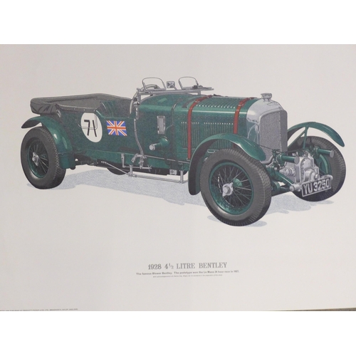 720 - Three vintage car lithographic prints; 1934 Grand Prix Supercharged Bugatti, 1934 Alfa Romeo P3 Mono... 