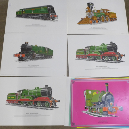 721 - Twelve railway prints of locomotives, 6 lithographic prints including Battle of Britain 'Winston Chu... 