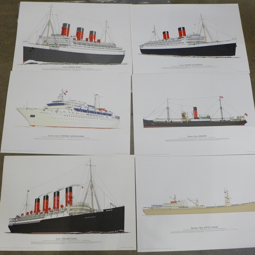 722 - Sixteen lithograph prints of ships including Liner Queen Mary, Liner Queen Elizabeth, Cruise Liner C... 