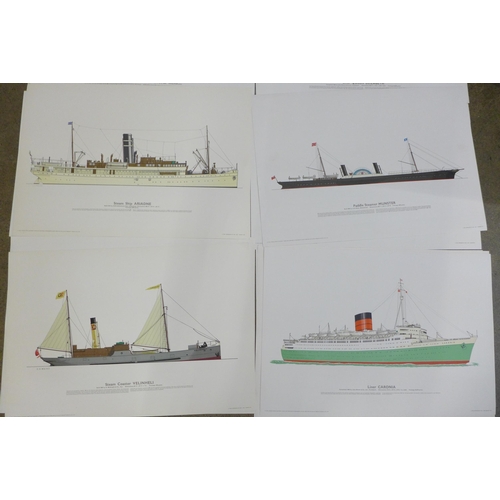 722 - Sixteen lithograph prints of ships including Liner Queen Mary, Liner Queen Elizabeth, Cruise Liner C... 