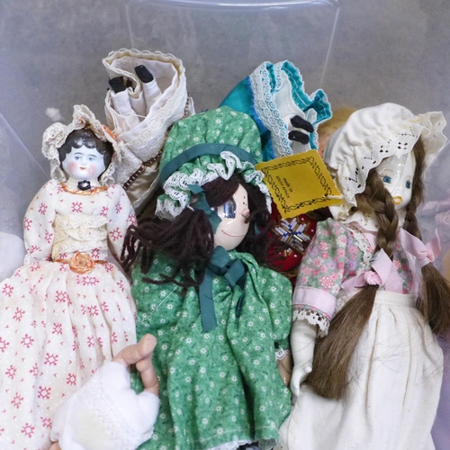 740 - A collection of vintage dolls including wax and bisque and two boxed 'Doll Kits'