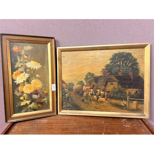 332 - W. F. Gates, village scene and still life, oils, framed