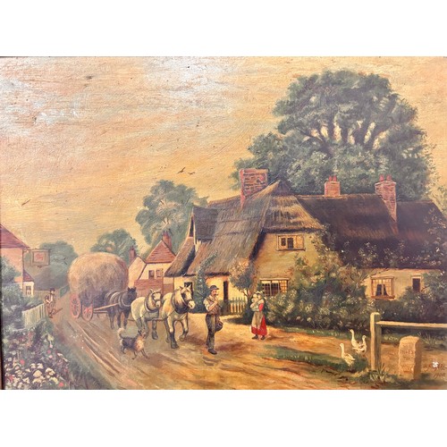 332 - W. F. Gates, village scene and still life, oils, framed