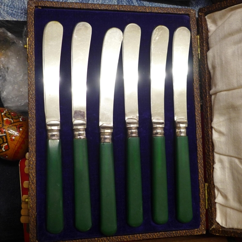 786 - Assorted items, boxes, clocks, cutlery, etc.