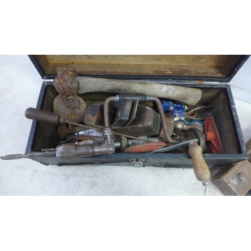 2016 - A Wooden toolbox containing an assortment of hand tools including hand drill, brace drill, hatchet a... 