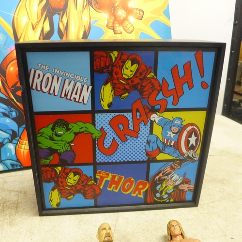 2051 - 19 WWE figures, 2 WWE rings, a Marvel light box and an Ironman poster