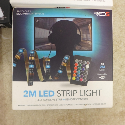 2071 - 3 boxes of RED 5 sound reactive light bars and 2 boxes of LED strip lights