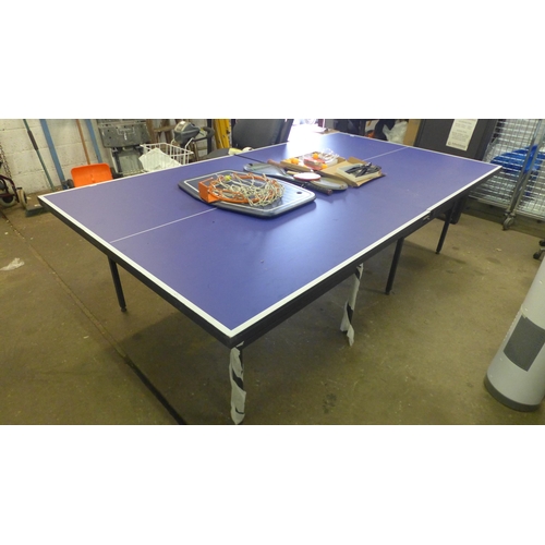 2155 - A full size table tennis table complete with bats, balls, net ect + other sports rackets and a baske... 