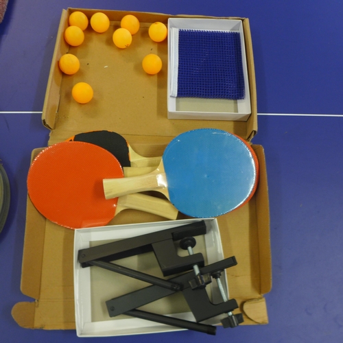 2155 - A full size table tennis table complete with bats, balls, net ect + other sports rackets and a baske... 