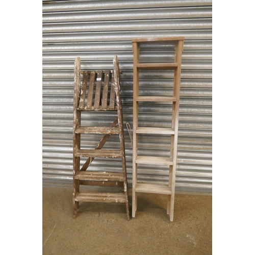 2160 - A set of 6 rung wooden step ladders and a set of 5 rung wooden step ladders