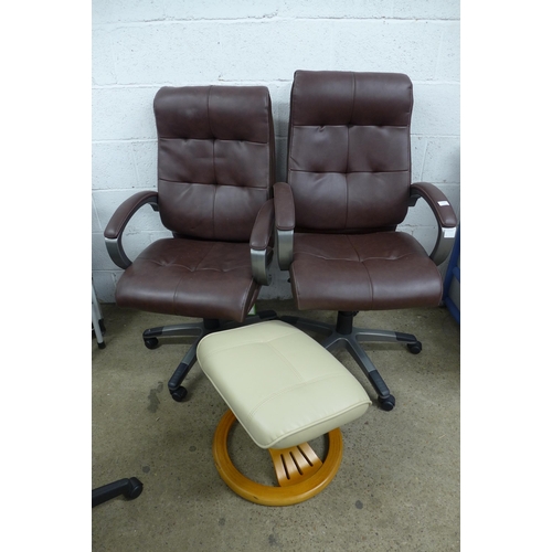 2197 - Two leather effect office swivel chairs and a leather effect footstool