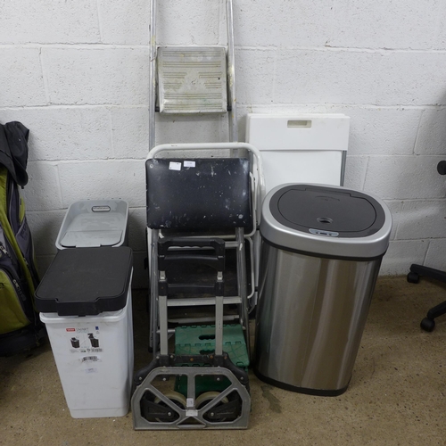 2198 - 3 step ladders, fold up step, a footstool, A mini folding sack truck and Three waste bins