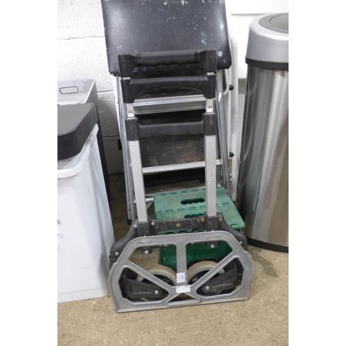 2198 - 3 step ladders, fold up step, a footstool, A mini folding sack truck and Three waste bins