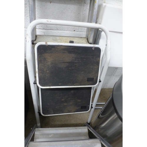 2198 - 3 step ladders, fold up step, a footstool, A mini folding sack truck and Three waste bins