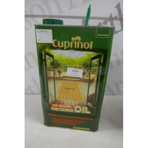 2292 - Two tubs of Ronseal medium oak one coat timbercare, a tin of Cuprinol natural UV guard decking oil, ... 