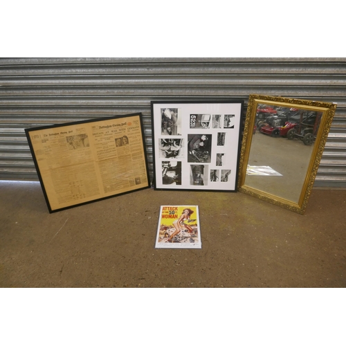 2299 - A gilt effect framed mirror, a vintage railway framed print, a framed copy of The Nottingham Evening... 