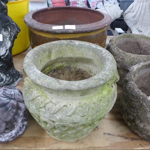 2311 - Two large round plant pots including one stone plant pot and one glazed plant pot with oriental drag... 