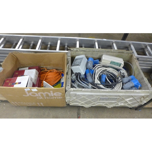 2331 - Two large boxes of assorted hardware and electronics including door handles, 240v blue plug extensio... 