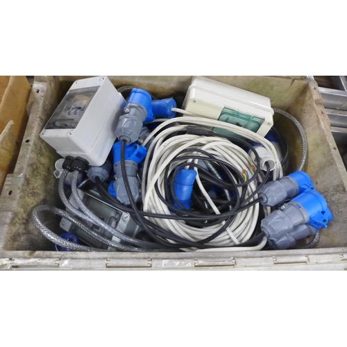 2331 - Two large boxes of assorted hardware and electronics including door handles, 240v blue plug extensio... 