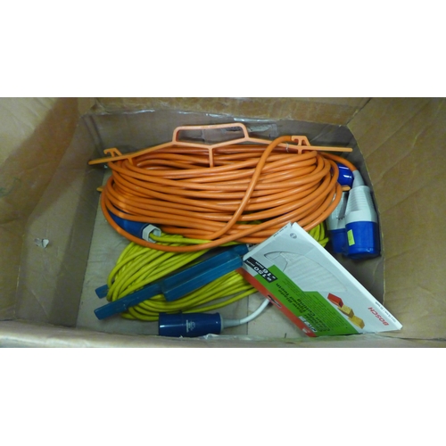 2331 - Two large boxes of assorted hardware and electronics including door handles, 240v blue plug extensio... 