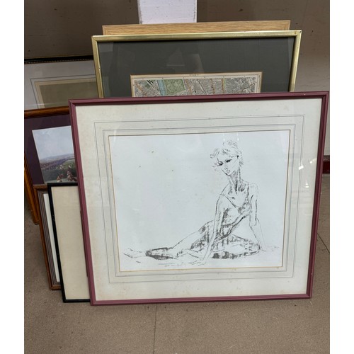 350 - A quantity of prints and paintings including a landscape watercolour by Ray Campbell Smith (1916-201... 