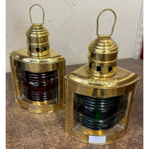 375 - Two brass ship lamps, Port and Starboard