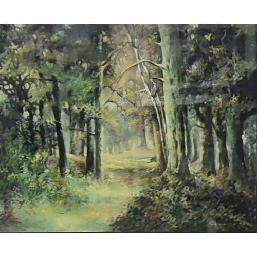 326A - English School (20th Century), forest scene, oil on board, indistinctly signed, framed