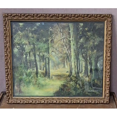 326A - English School (20th Century), forest scene, oil on board, indistinctly signed, framed