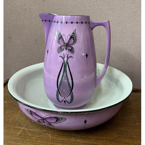 356 - A Shelley Art Deco butterfly pattern wash jug and bowl