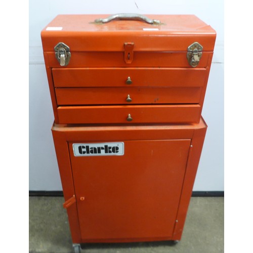 2018 - A metal Clarke tool cabinet and three drawer metal tool chest