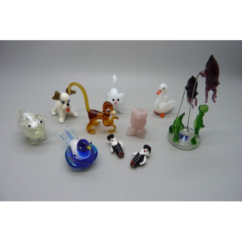 646 - A collection of glass animal figures and a carved rose quartz owl