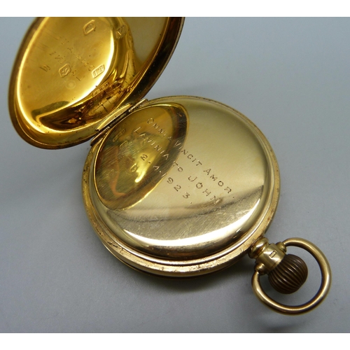 1020 - An 18ct gold Waltham pocket watch in a Dennison case, monogram to the case, inner case bears inscrip... 