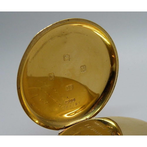 1020 - An 18ct gold Waltham pocket watch in a Dennison case, monogram to the case, inner case bears inscrip... 